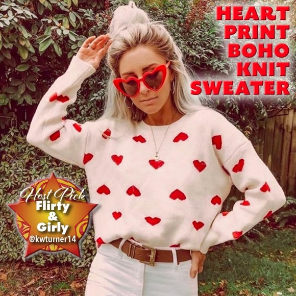Boutique Sweaters - HEART PRINT BOHO KNIT SWEATER HOST PICK